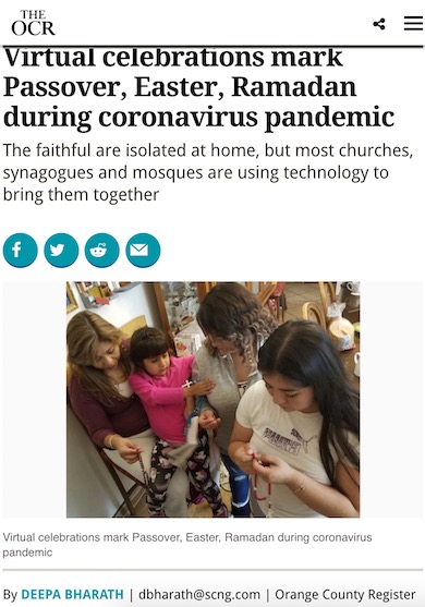 Captura de ecrã de um artigo do RCO intitulado "Celebrações virtuais marcam a Páscoa, a Páscoa e o Ramadão durante a pandemia de coronavírus"