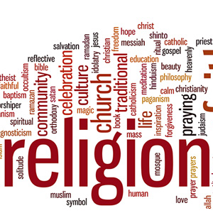 Palavras relacionadas com religião dispostas numa nuvem de palavras