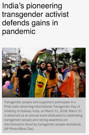 Capture d'écran d'un article intitulé "Le pionnier indien de l'activisme transgenre défend les acquis de la pandémie".