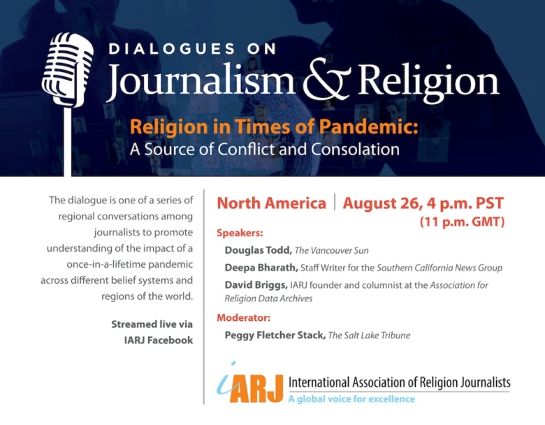 Graphique promotionnel pour le dialogue Journalism & Religion de l'IARJ, avec les intervenants Douglas Todd, Deepa Bharath, et David Briggs. La modératrice est Peggy Fletcher Stack.
