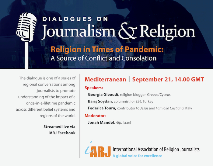 Promotional graphic for the IARJ’s Journalism & Religion dialogue, with speakers listed as Georgia Gleoudi, Bariş Soydan. The moderator is listed as Jonah Mandel.