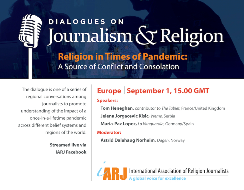 Graphique promotionnel pour le dialogue Journalisme & Religion de l'IARJ, avec les intervenants Tom Heneghan, Jelena Jorgancevic Ksic, et María-Paz López. La modératrice est Astrid Dalehaug Norheim.