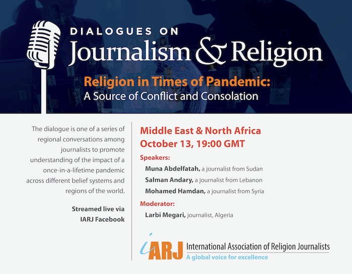 Grafica promozionale per il dialogo Giornalismo e religione della IARJ, con i relatori indicati come Muna Abdelfatah, Salman Andary, Mohamed Hamdan. Il moderatore è Larbi Megari.