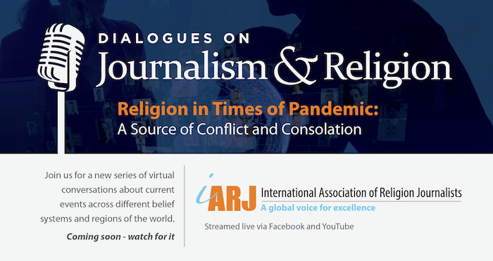 Graphique promotionnel pour un dialogue de l'IARJ intitulé "Journalism & Religion, Religion in Times of Pandemic : Une source de conflit et de consolation".