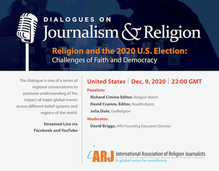 Gráfico promocional para um diálogo da IARJ intitulado "Journalism & Religion, Religion and the 2020 U.S. Election: Desafios da fé e da democracia"