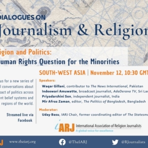 Promotional graphic for the IARJ’s “Dialogues on Journalism & Religion, Religion & Politics: A Human Rights Question for the Minorities”