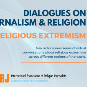 Blaugrüne und orangefarbene Grafik mit der Überschrift "Dialoge über Journalismus und Religion, religiöser Extremismus".