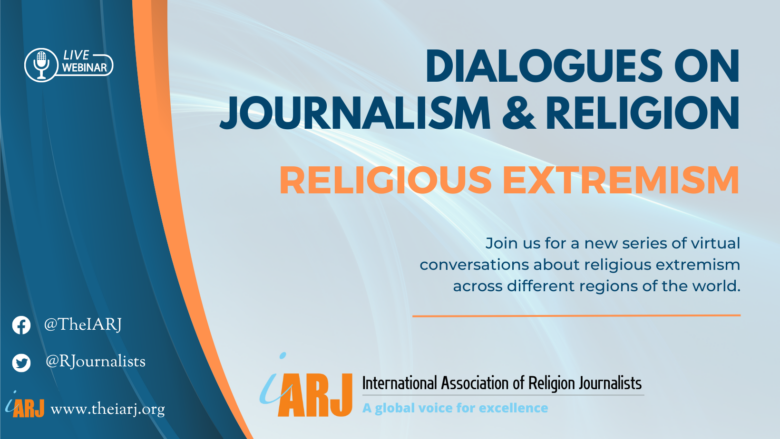 Gráfico verde azulado y naranja con el título "Diálogos sobre periodismo y religión, extremismo religioso"