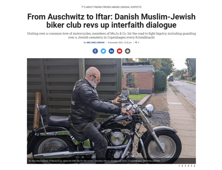Screenshot dell'articolo online intitolato "Da Auschwitz all'Iftar: Il club danese di motociclisti musulmano-ebraici rilancia il dialogo interreligioso".