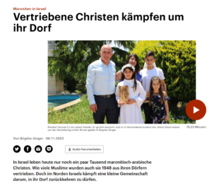 Screenshot of a German article titled “Maroniten in Israel: Vertriebene Christen kämpfen um ihr Dorf” on Deutschlandradio Kultur website in November 2022.