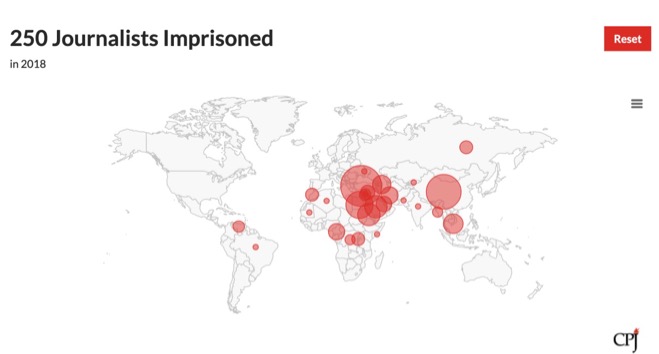 Carte illustrant les concentrations de journalistes emprisonnés dans le monde en 2018