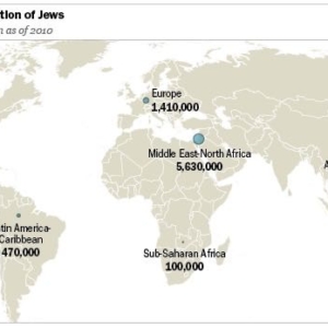 Map of Jewish populations around the world from Pew Research Center's Global Religious Landscape study