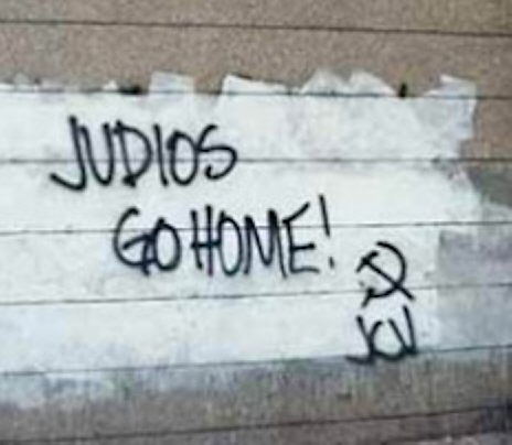 Anti-Semitic graffiti on the wall of the Israeli Embassy in Caracas, Venezuela.