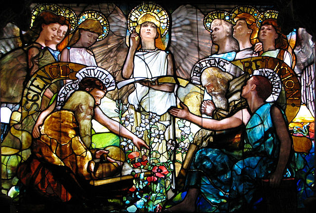 A stained glass window at Yale University depicts personified concepts of religion and science