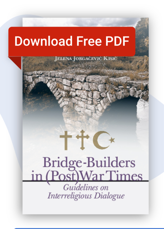 Book cover showing Christian and Muslim religious symbols with a stone bridge in the background. Book title in purple: Bridge-Builders in (Post)War Times.