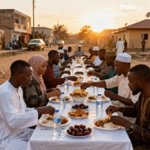 A diverse group of Nigerians sharing an iftar meal outdoors at sunset,